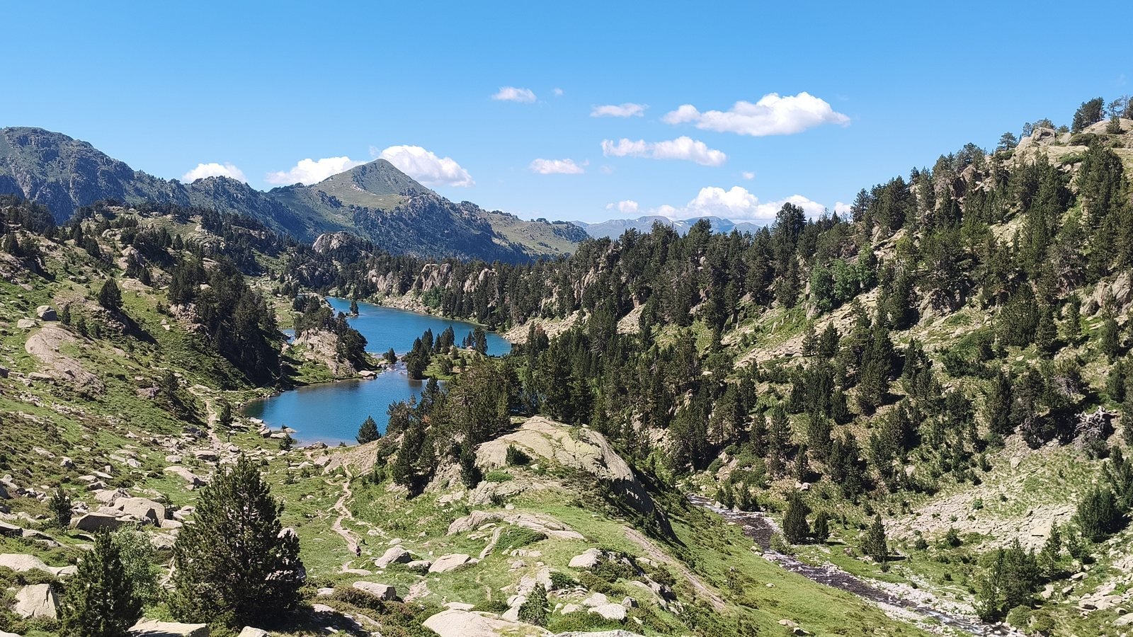 Lacs bleus entre pins à crochets et blocs de granit à Aigüestortes